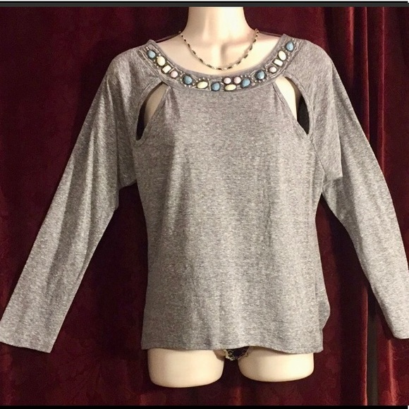 sparkle Tops - Sparkle SOFT gray gem pastel neck hi low top S EUC